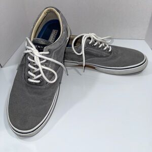 Sperry Gray Canvas Lace-Up Boat Shoes with White Laces